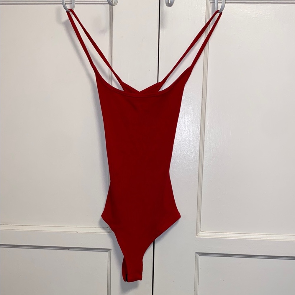 Windsor Medium Red Bodysuit with Spaghetti Straps and High Cut Legs